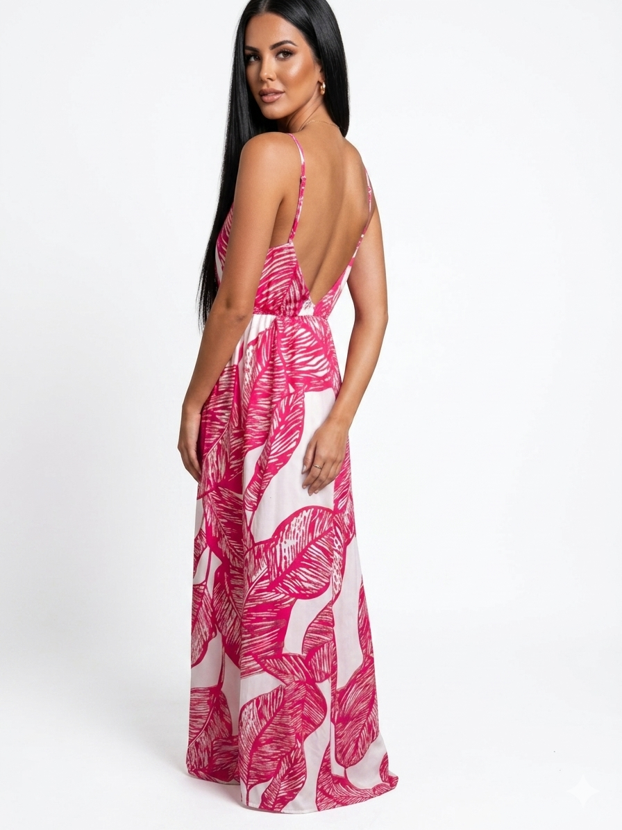 Sommerkleid Damen Pink Weiß – Maxikleid mit Blattmuster & Rückenausschnitt (Gr. 38–42) Baumwolle Boho Kleid
