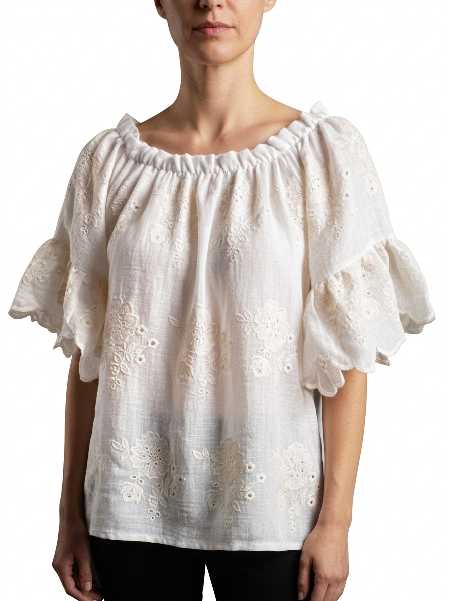 Boho Carmenbluse Weiß mit Stickerei – Off-Shoulder Baumwollbluse 38–42