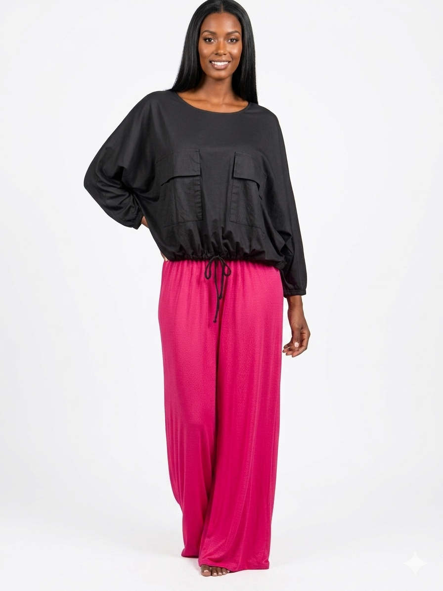 Edle Oversize Baumwollbluse Schwarz – Feminine Langarmbluse mit Taschen & Schnürbund 🖤✨(38-42+)