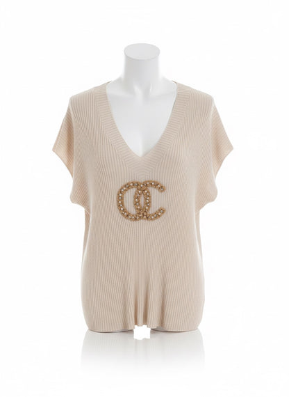 Sommer-Shirt MU Weiß und Beige mit Strasssteinen – weich fallende Viskose 38–44