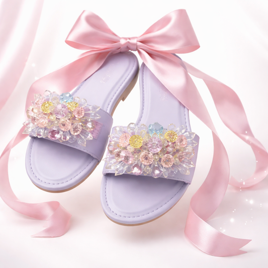 Ibiza Candy Glam Slides – Fliederfarbene Glitzer-Sandalen mit Crystal-Steinen