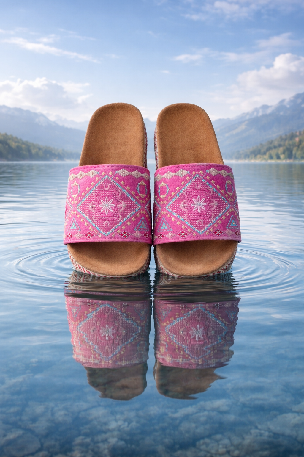 Ibiza Fuchsia Glam Plateau-Sandalen – Ethno Boho Slipper mit Komfort-Fußbett