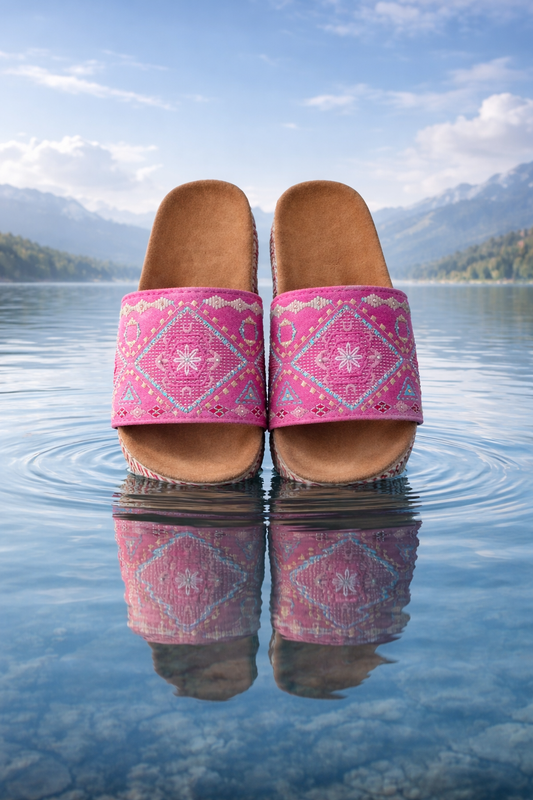 Ibiza Fuchsia Glam Plateau-Sandalen – Ethno Boho Slipper mit Komfort-Fußbett