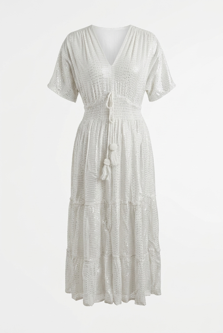 White Diamond Glamour Kleid – Luxus Boho-Ibiza Maxi mit Silber-Pailletten ✨38-42