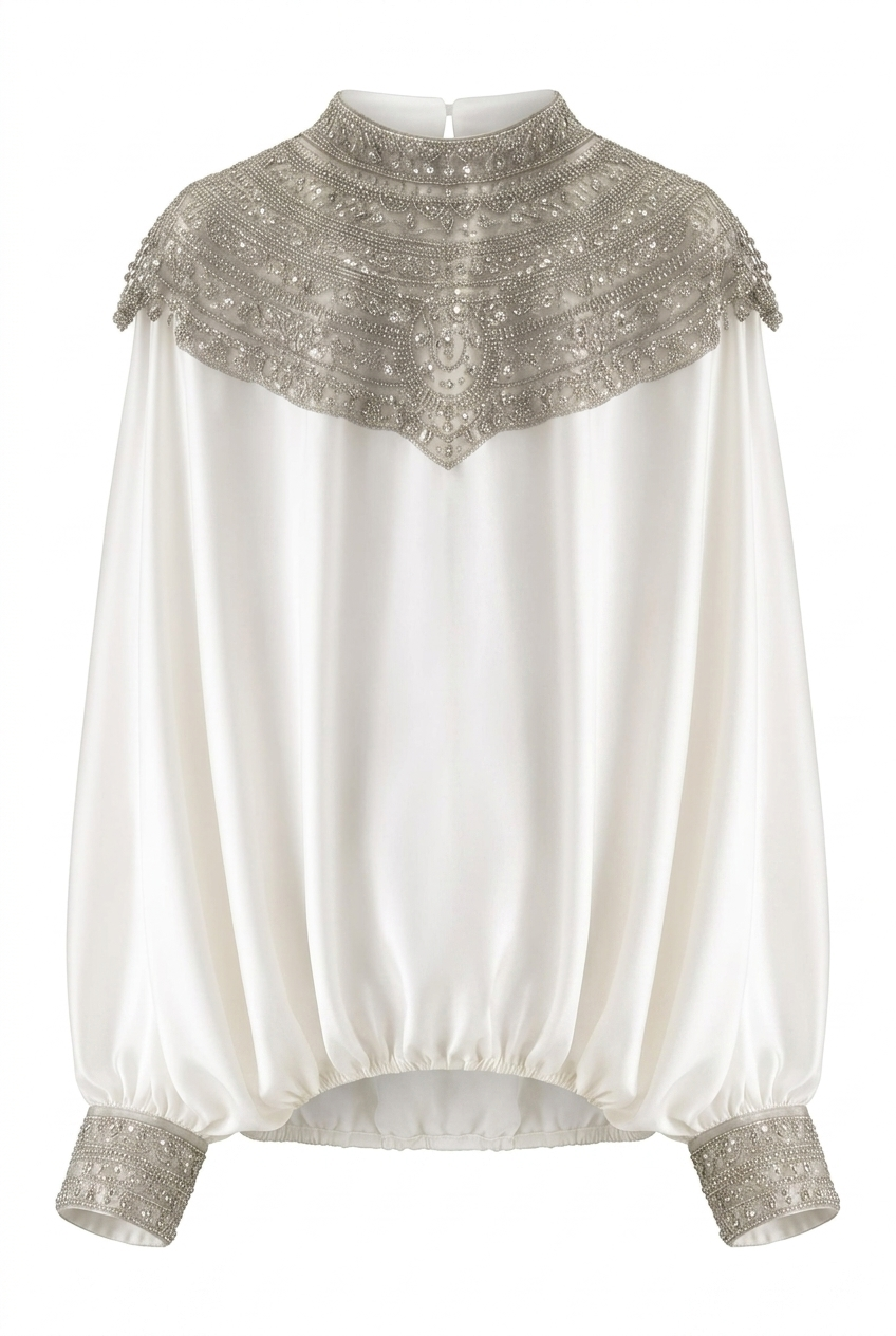 ✨ Rose Couture Glamour-Bluse – Fledermausärmel & funkelnde Schmuckapplikationen
