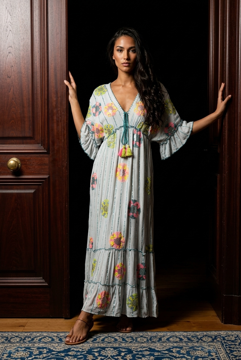 Boho Maxikleid Weiß mit Stickerei & Pailletten – luftiges Sommerkleid Damen (38–42)