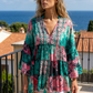 Boho Sommerkleid Damen Pink Grün – Tunika Kleid Midi mit Volantärmeln (Gr. 38-42)
