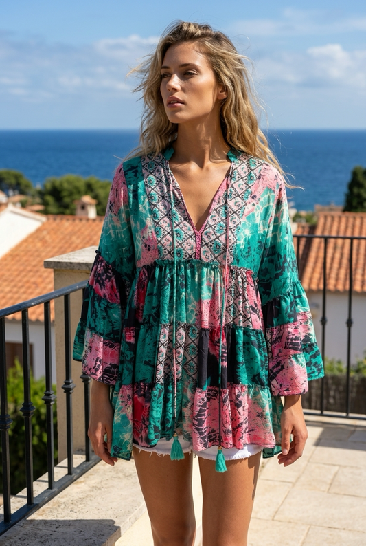 Boho Sommerkleid Damen Pink Grün – Tunika Kleid Midi mit Volantärmeln (Gr. 38-42)
