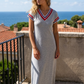 Boho Sommerkleid Damen – Maxikleid Grau mit V-Ausschnitt (36-40)
