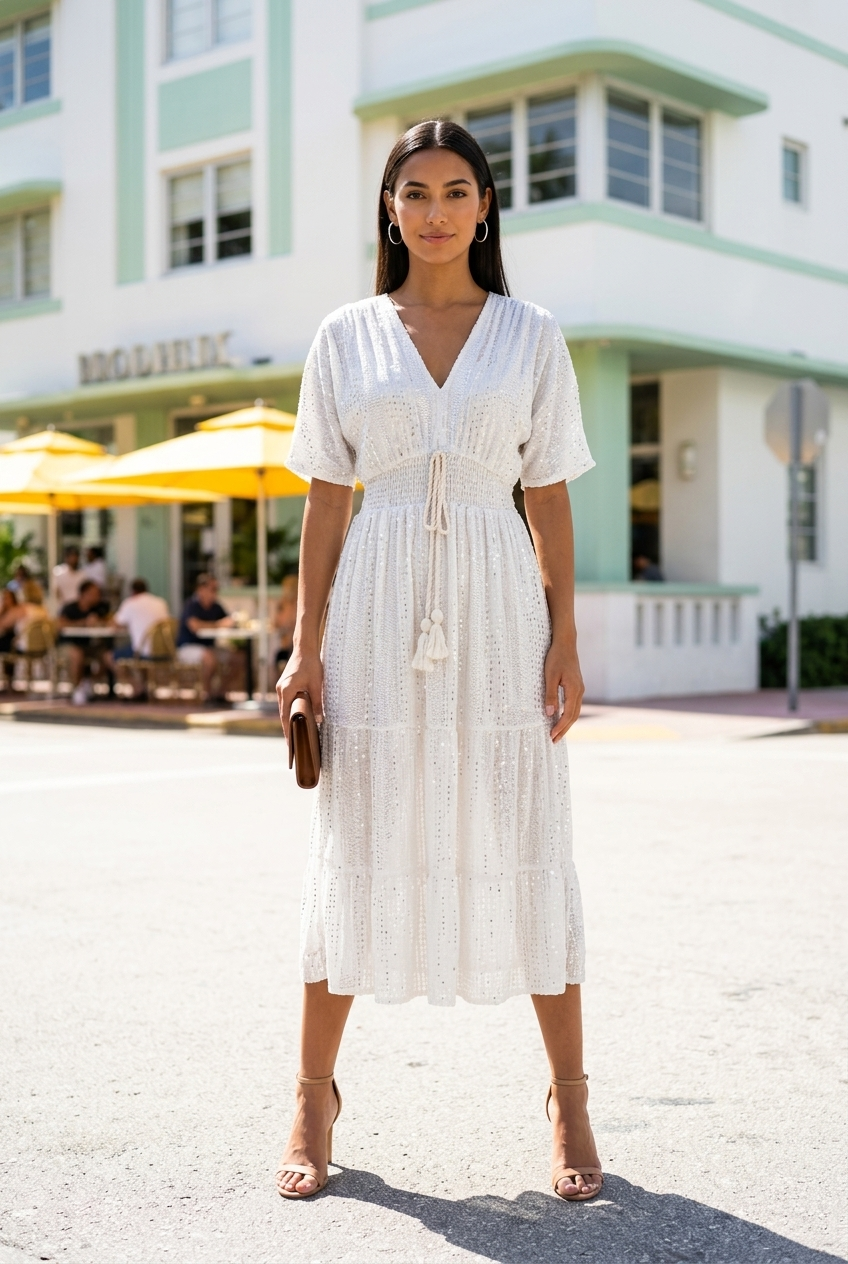 White Diamond Glamour Kleid – Luxus Boho-Ibiza Maxi mit Silber-Pailletten ✨38-42