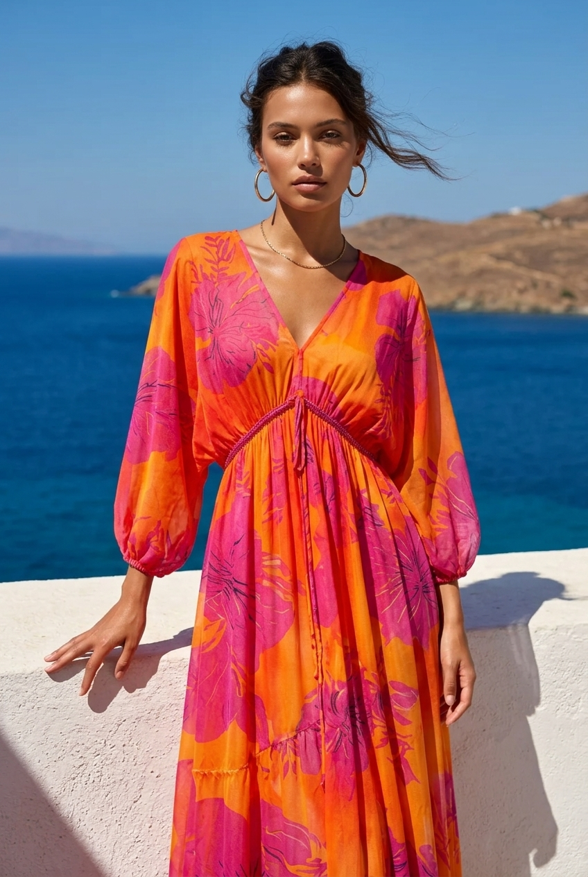 Ibiza Sommerkleid Damen – Langes Maxikleid Pink Orange (38-42)