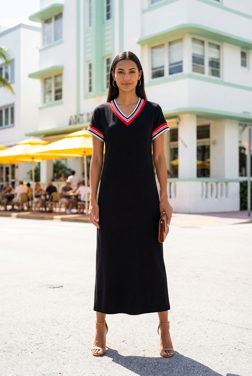 🖤 Monaco Chic Maxi-Kleid – Sporty Glam mit V-Ausschnitt & Beinschlitz (34-38)