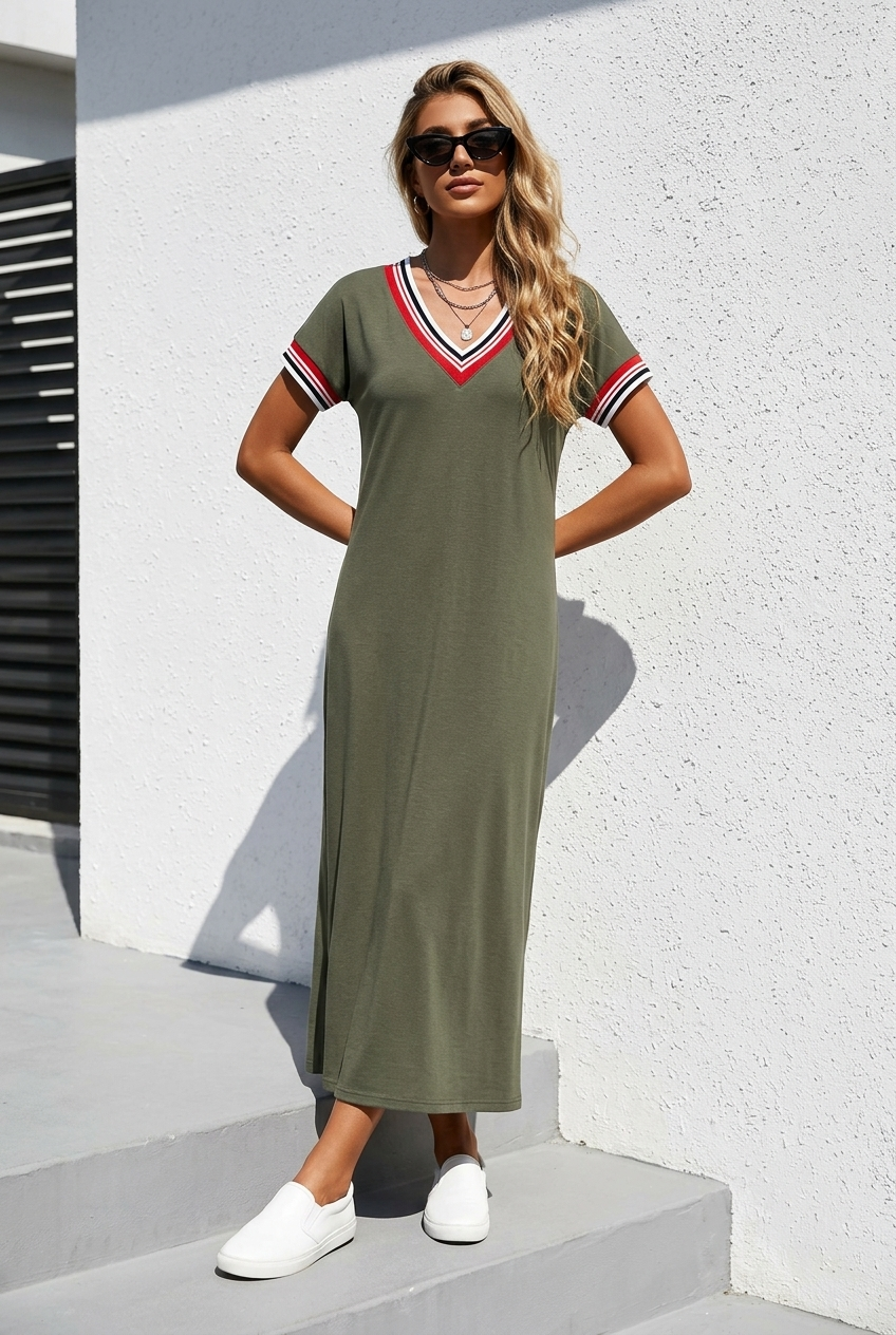 💚 Milano Sport Chic Maxi-Kleid Khaki – Sommerliebling mit V-Ausschnitt & Beinschlitz (34-38)