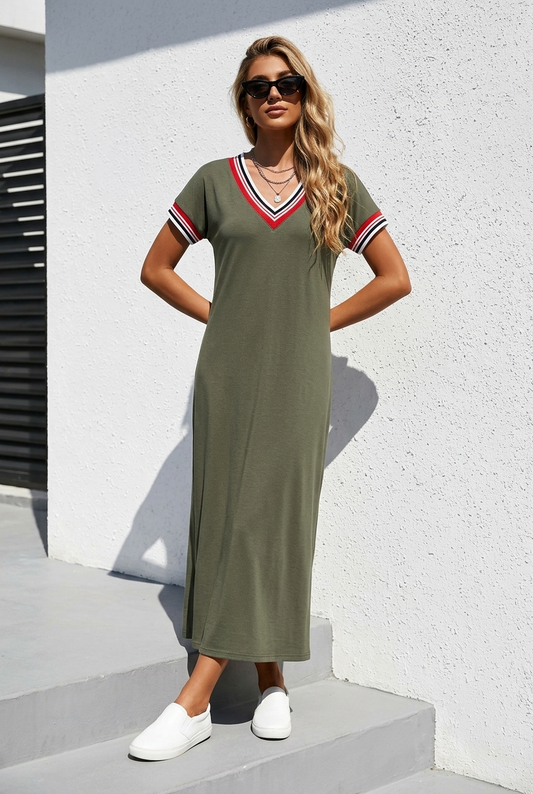 💚 Milano Sport Chic Maxi-Kleid Khaki – Sommerliebling mit V-Ausschnitt & Beinschlitz (34-38)