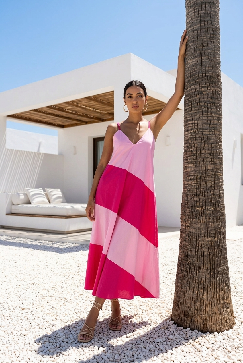 Boho Maxikleid Pink Damen – Luftiges Sommerkleid aus Baumwolle mit Farbverlauf |  M/L