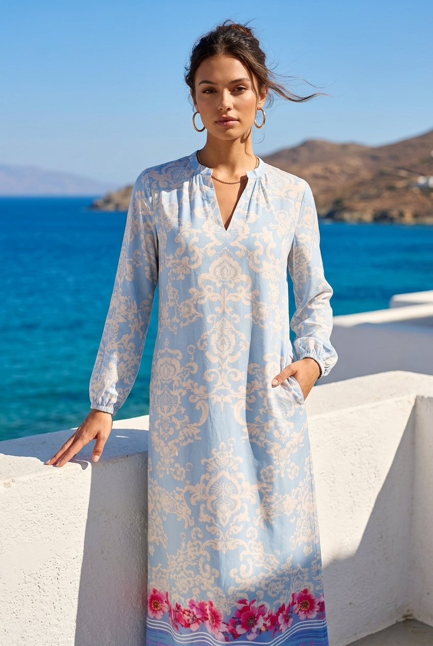 Yippie Hippie Maxikleid Damen – Sommerkleid Blau Creme mit Blumenprint
