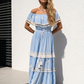 Schulterfreies Boho Maxikleid Damen (38–42) – Himmblaues Sommerkleid aus Viskose