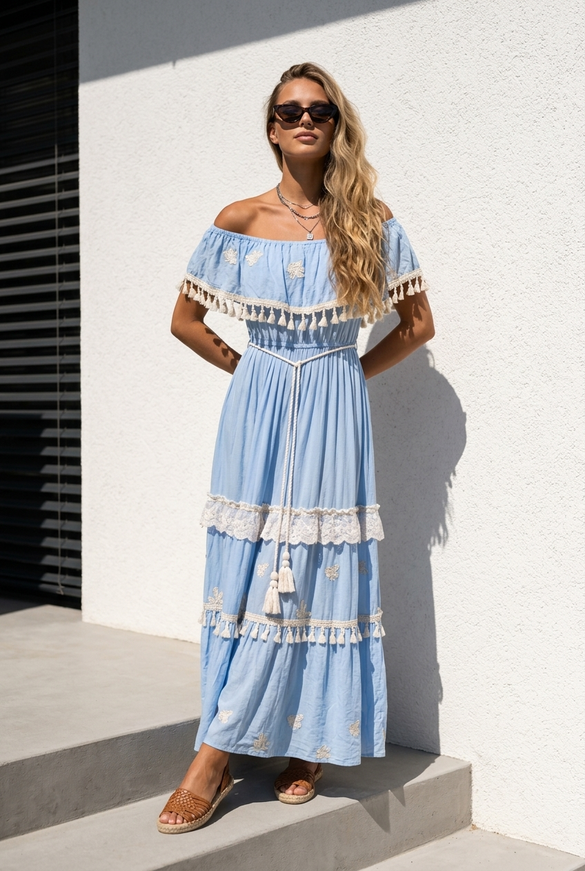Schulterfreies Boho Maxikleid Damen (38–42) – Himmblaues Sommerkleid aus Viskose