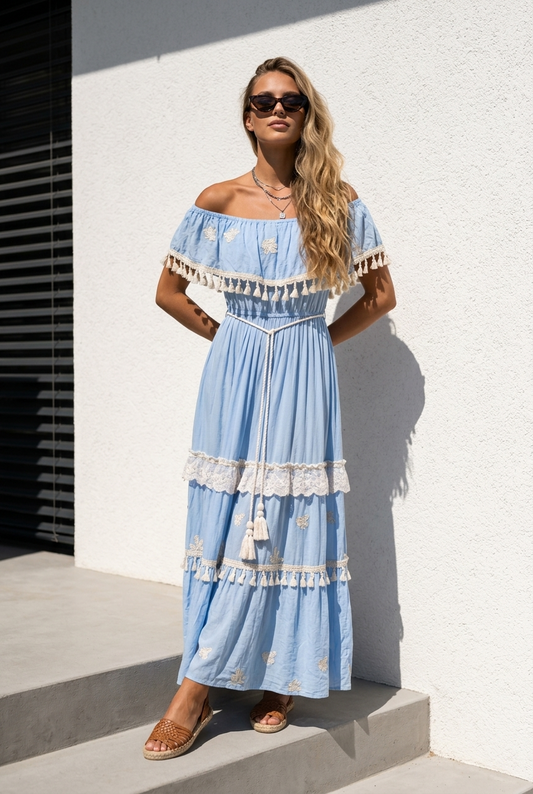 Schulterfreies Boho Maxikleid Damen (38–42) – Himmblaues Sommerkleid aus Viskose