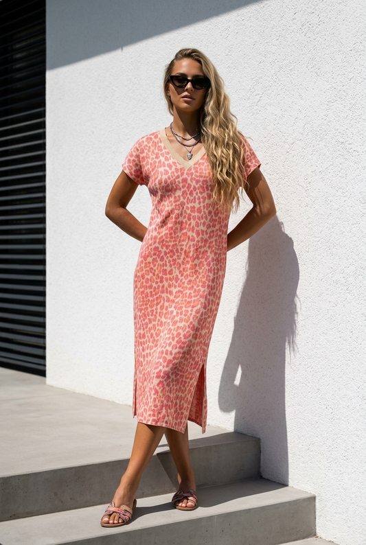 Boho Midikleid Leo Damen – Sommerkleid Leopard Print Rot-Beige | Viskose | Gr. 38–42