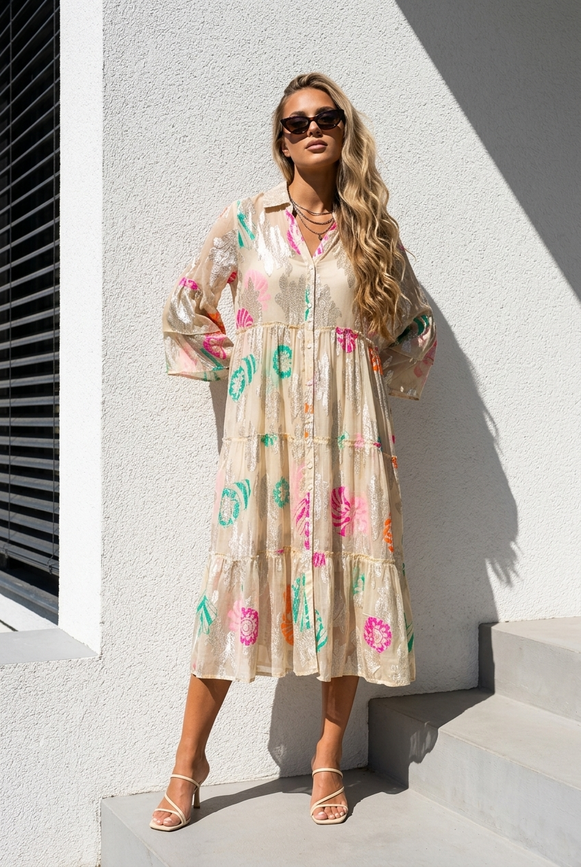 Damen Boho Kleid Beige – Baumwollkleid mit Kragen & Knopfleiste | Sommerkleid 38–42