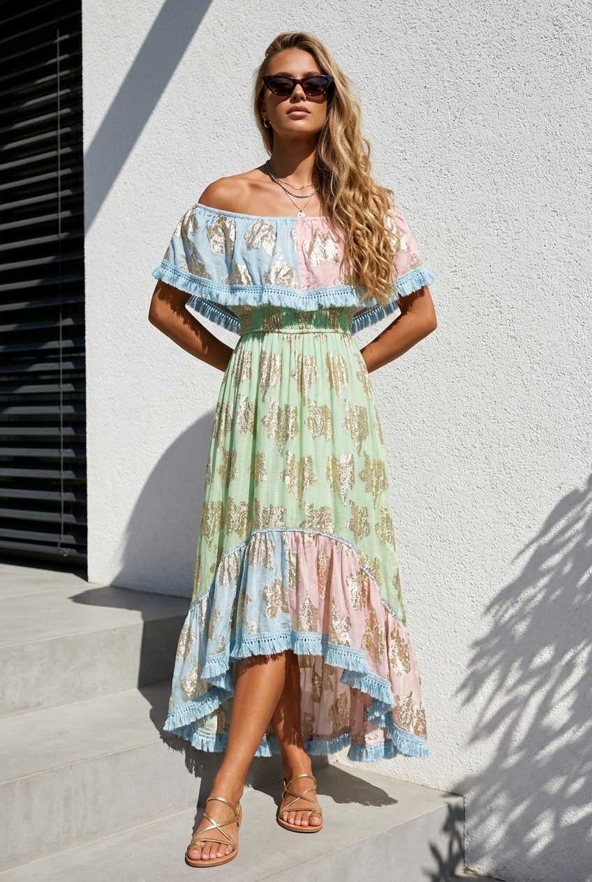 Boho Maxikleid Damen (38–42) – Schulterfrei tragbar, Pastell Hellblau Rosa Gold | Sommerkleid aus Viskose, luftig & elegant