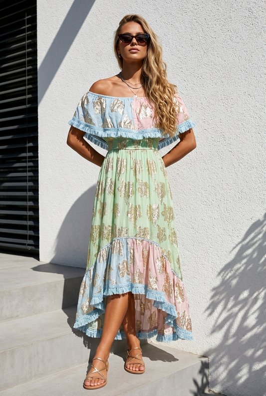 Boho Maxikleid Damen (38–42) – Schulterfrei tragbar, Pastell Hellblau Rosa Gold | Sommerkleid aus Viskose, luftig & elegant