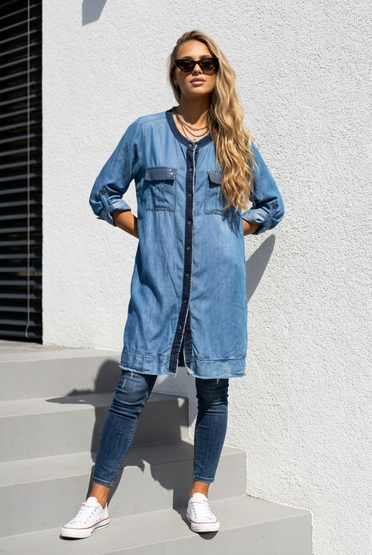 💙 Denim Glam Longbluse – Casual Chic mit Strassdetails (38-42+)