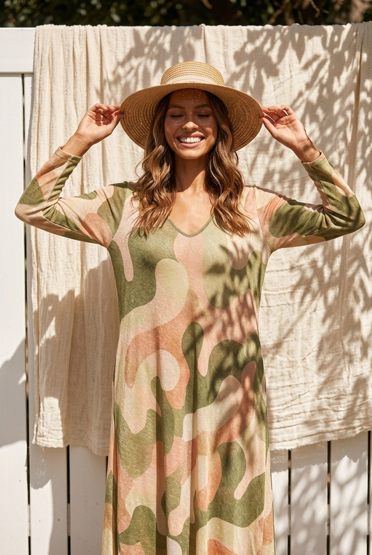 Damen Maxikleid (38–42) – Luftiges Sommerkleid in Grün mit abstraktem Muster