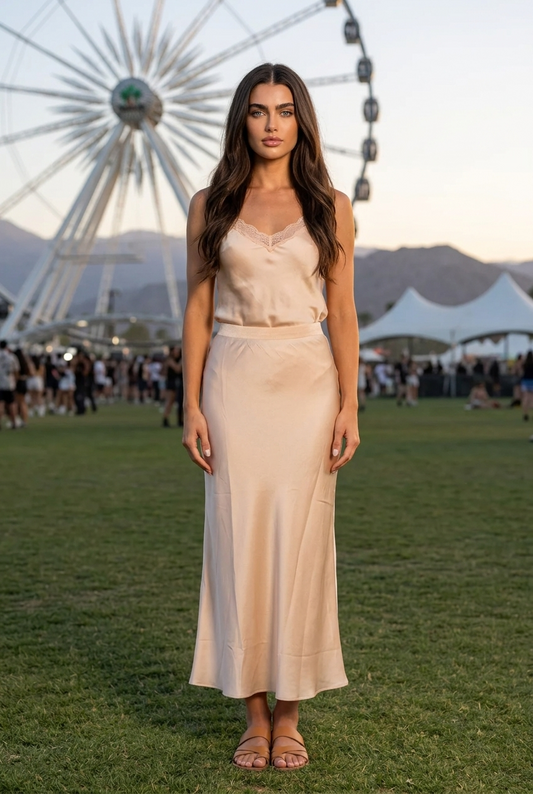 ✨ Champagne Satin Rock – Eleganter Luxus-Maxirock in Nude Beige | Größe S/M