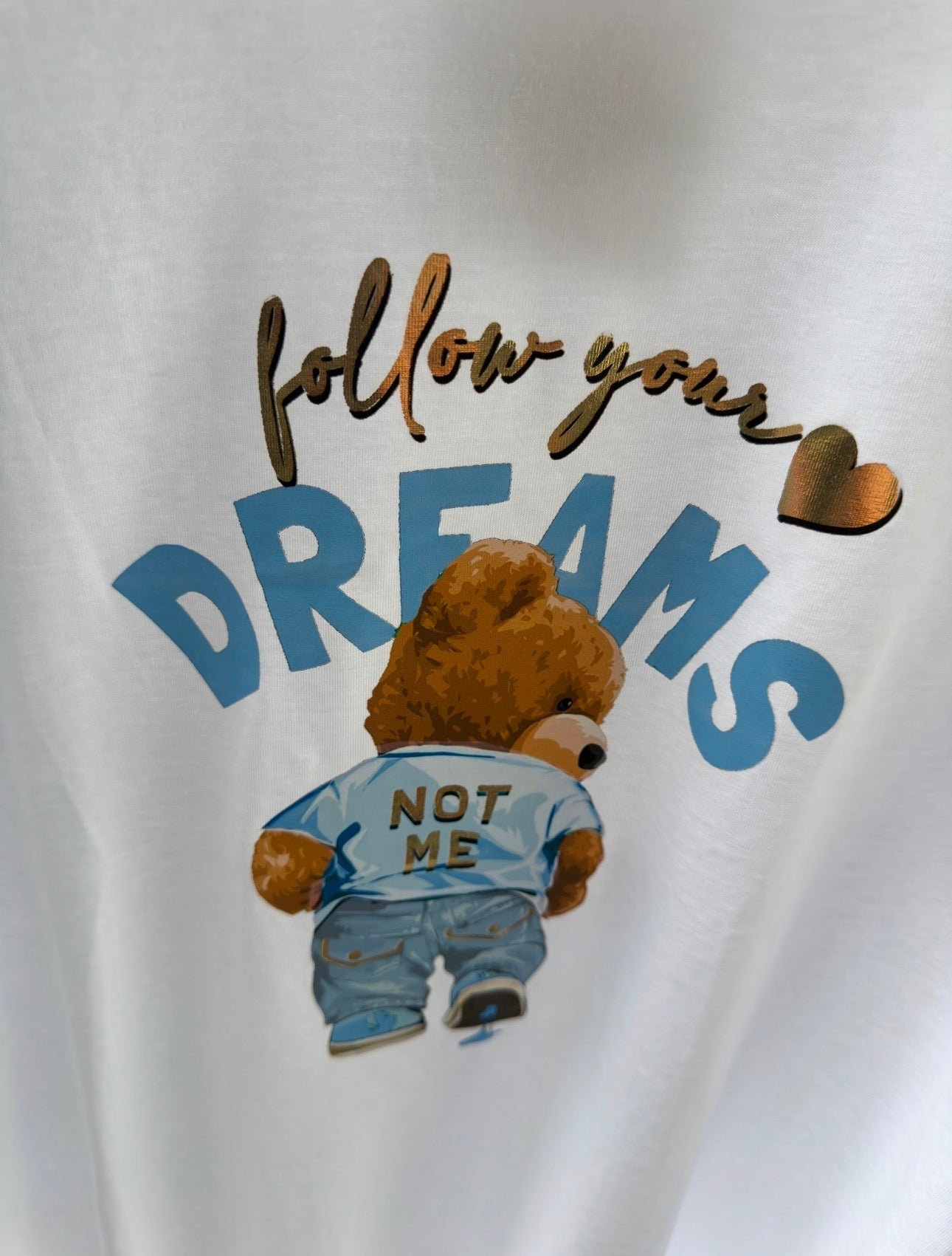 Damen T-Shirt Weiß – Teddy Bärenprint Hellblau Dreams Baumwolle Elasthan Größe 38–42