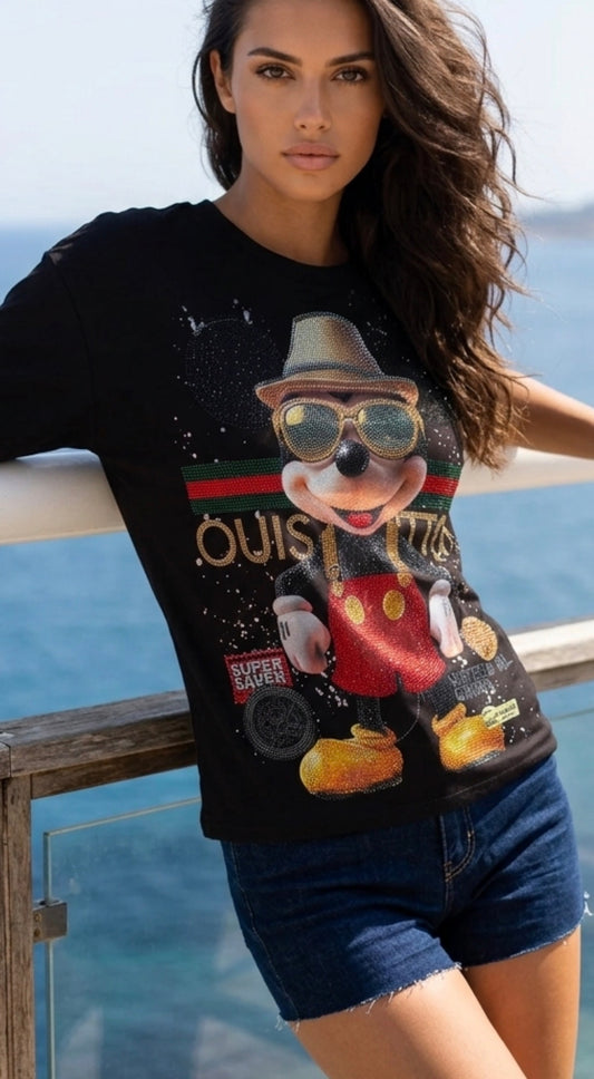 🖤 Glitzer T-Shirt Luxury Mouse | Damen Baumwollshirt mit Strass | Boutique in Heaven 38-44