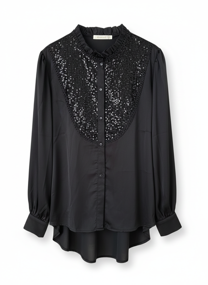 Damesblouse in zwart met glitter – elegante blouse met lange mouwen en ronde hals.