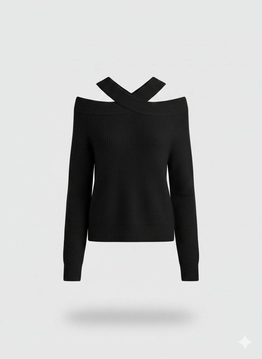 Damestrui, gebreide trui, off-shoulder in zwart