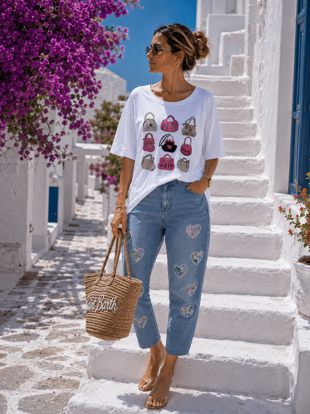 Luxury Bag Glam Shirt White – Curvy Baumwollshirt mit Strass-Taschenmotiv 40-48