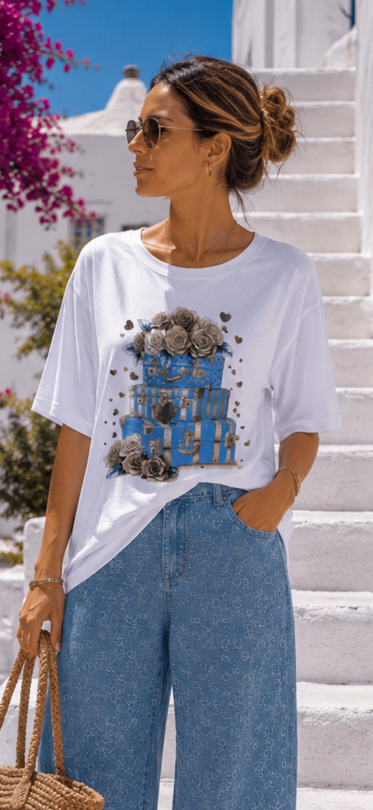 Curvy T-Shirt Travel Love Weiß | Damen Shirt mit Koffer Print | 40–48
