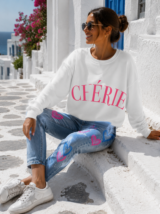 CHÉRIE Oversize Sweatshirt Weiß-Pink | Damen Pullover mit Herzdetails | Boutique in Heaven(38-42)