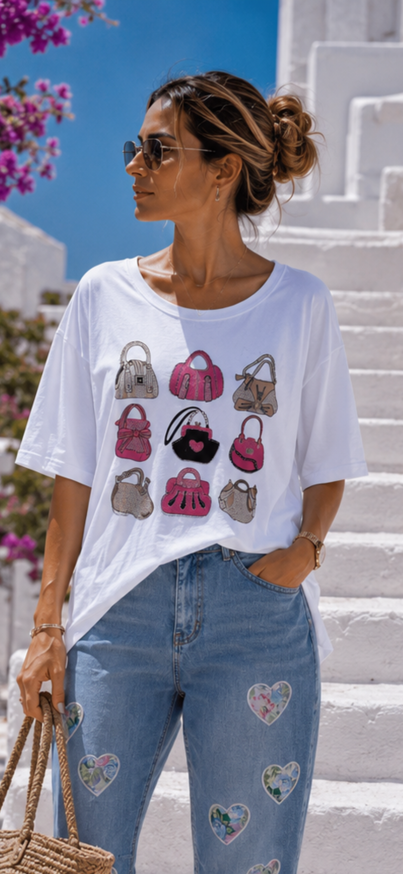 Luxury Bag Glam Shirt White – Curvy Baumwollshirt mit Strass-Taschenmotiv 40-48