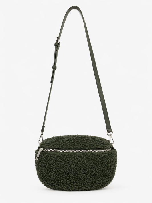 Damen Teddyfell Tasche Grün – Crossbody Bag mit Reißverschluss & Echtleder-Riemen