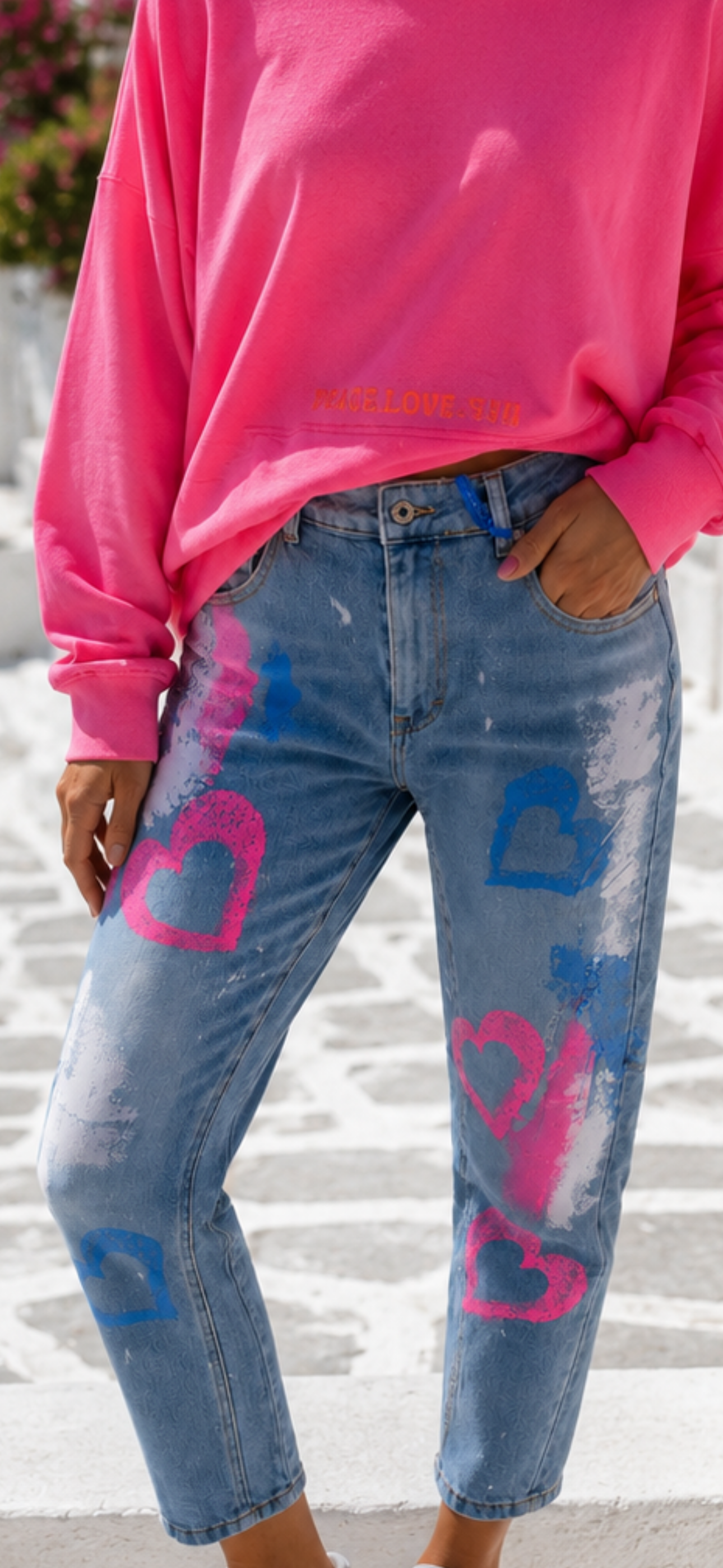 Heart Jeans Pink-Blue | Women's Boyfriend Jeans with Print | Boutique in Heaven