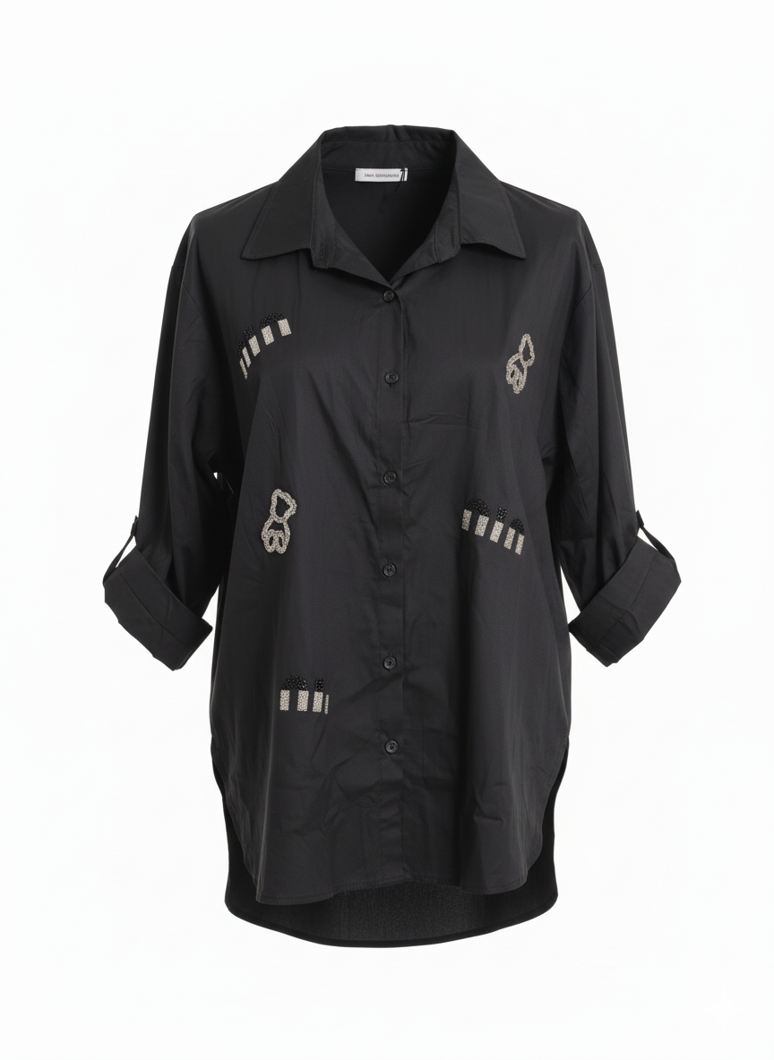 Schwarze Bluse mit Steinchen-Motiven