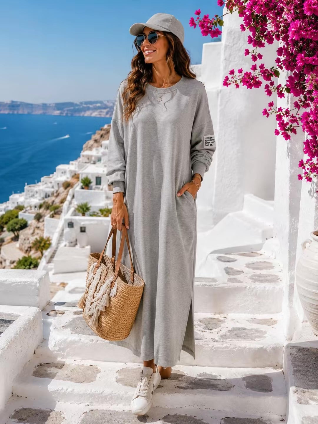 Women's Boho Casual Dress – Grey Sweatshirt Midi Dress (US 10-18)