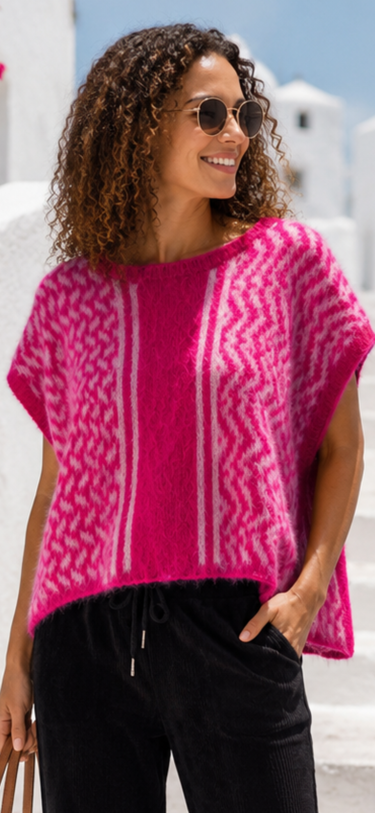 Yippie Hippie Strickpullunder Damen Rosa – Kurzarm Strickweste Alpaka